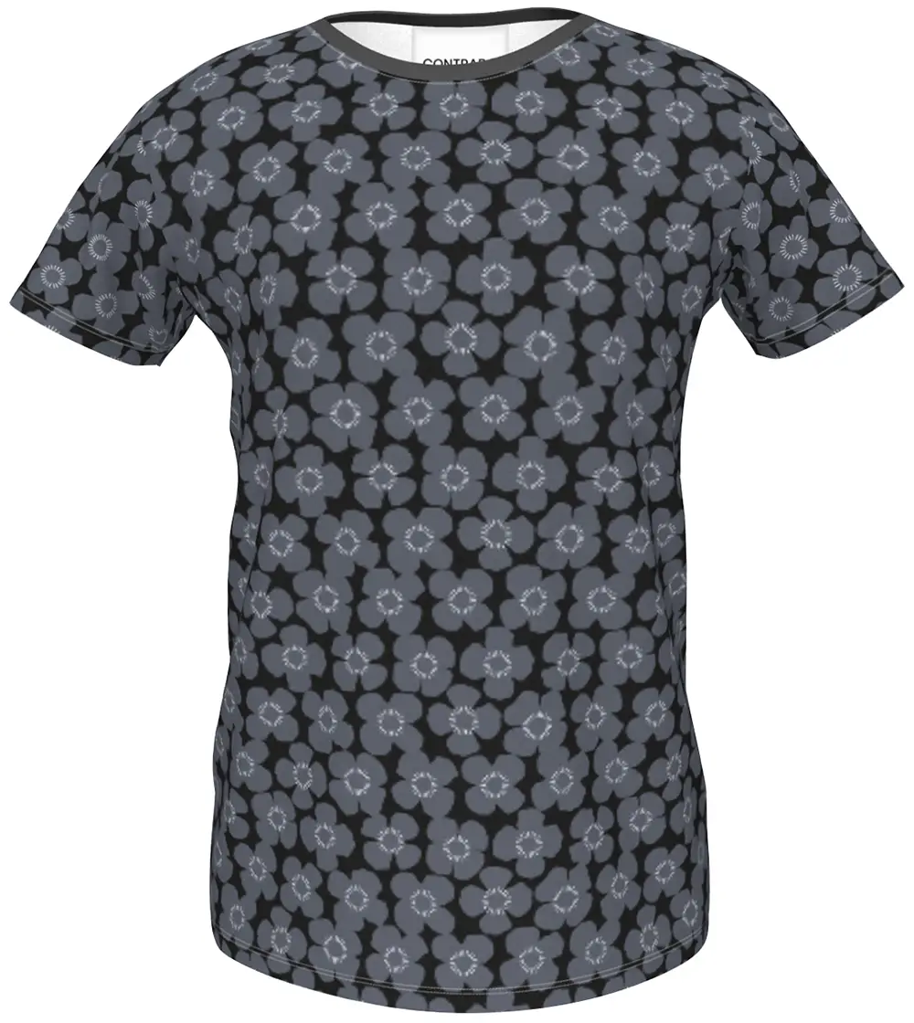 Girls Grey Poppies on Black Pattern T-Shirt