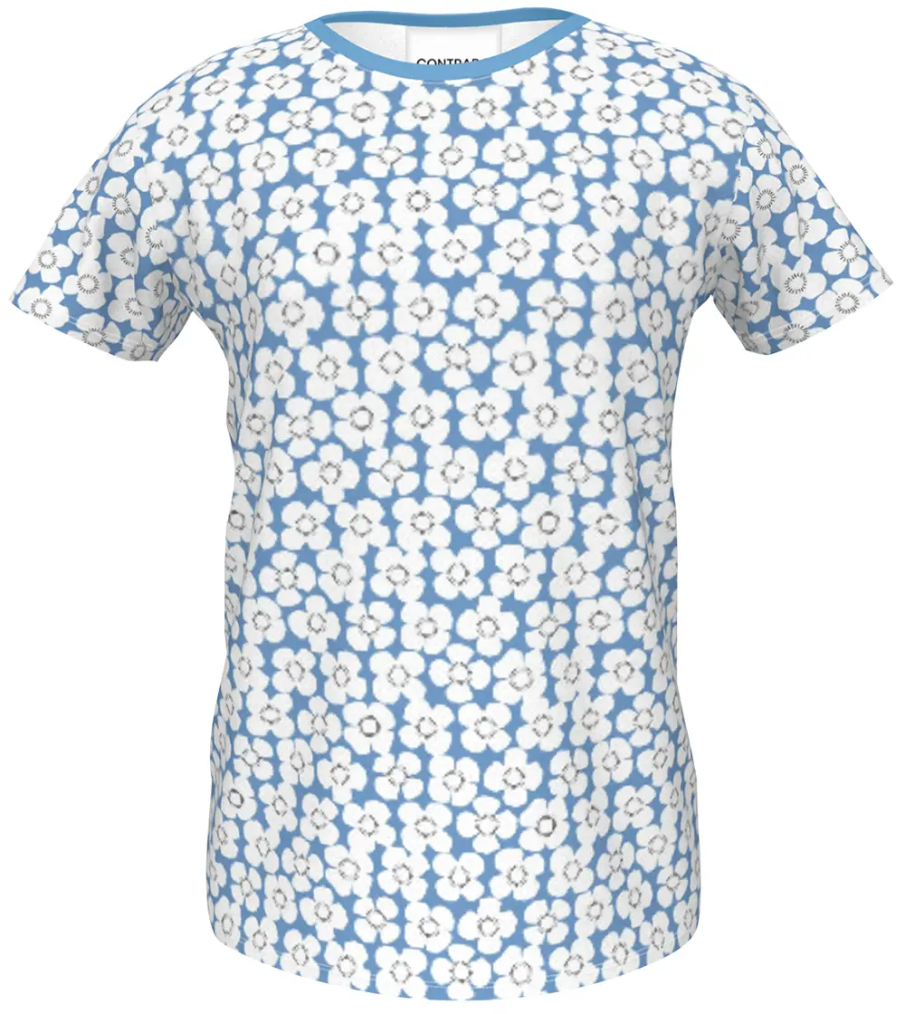 Girls White Poppies on Blue Pattern T-Shirt