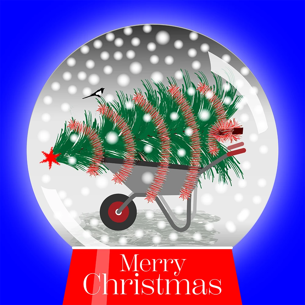 Christmas Tree on a Wheelbarrow H on blue