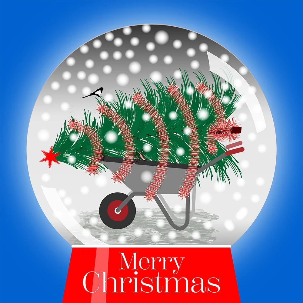 Christmas Tree on a Wheelbarrow H on cyan