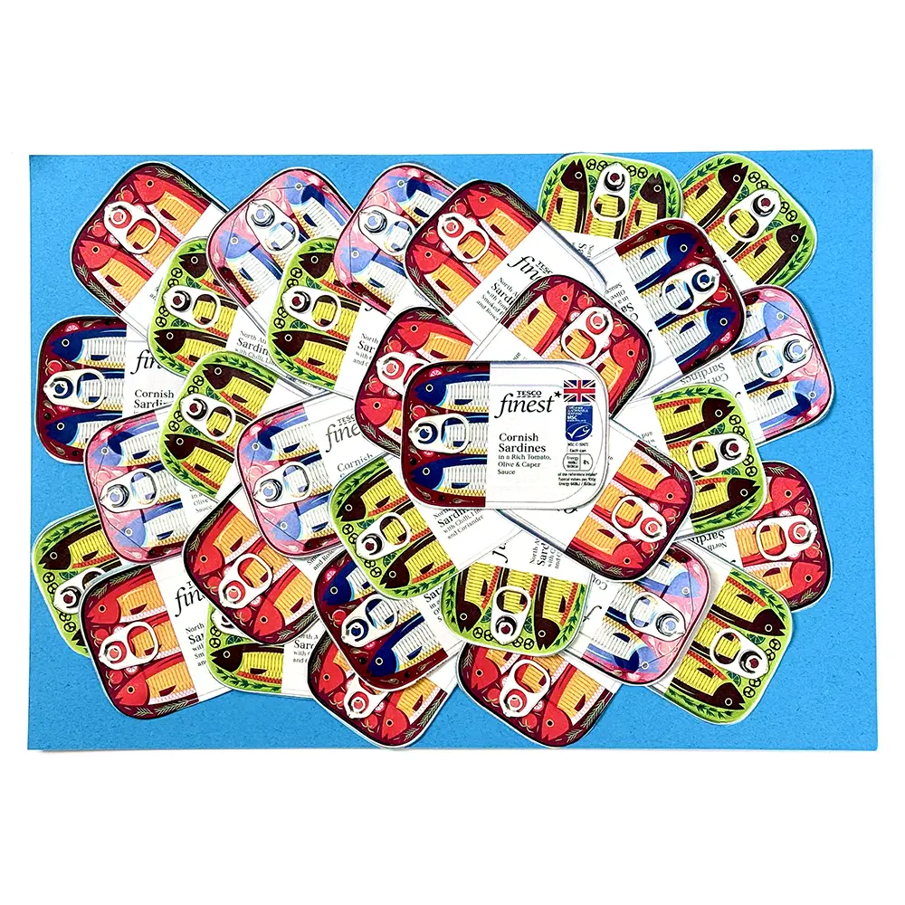 Collage from Tesco Magazine images sardines whole work